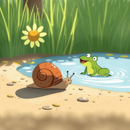 On a bright summer day by a pond, a small snail with a brown shell is slowly making its way along the ground, basking in the warm sun