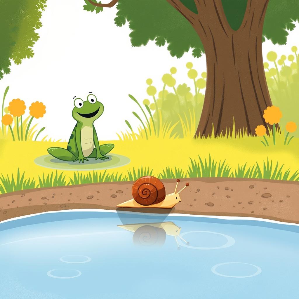 On a bright summer day by a pond, a small snail with a brown shell is slowly making its way along the ground, basking in the warm sun