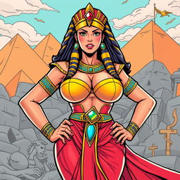An Egyptian queen character designed in a vibrant American comic style, prominently showcasing her big breasts as a central feature of her voluptuous form