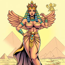 An Egyptian queen character designed in a vibrant American comic style, prominently showcasing her big breasts as a central feature of her voluptuous form
