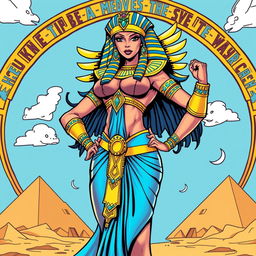 An Egyptian queen character designed in a vibrant American comic style, prominently showcasing her big breasts as a central feature of her voluptuous form