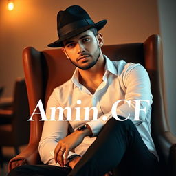 A stylish man sitting on a brown chair, exuding confidence and charisma