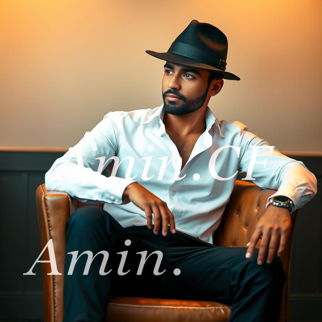 A stylish man sitting on a brown chair, exuding confidence and charisma