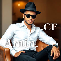 A stylish man sitting on a brown chair, exuding confidence and charisma