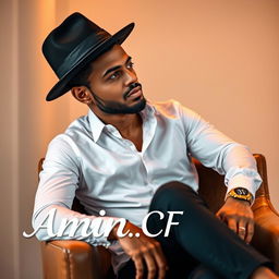 A stylish man sitting on a brown chair, exuding confidence and charisma