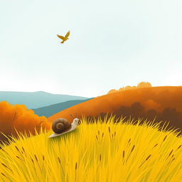 On a picturesque autumn hillside, a small snail with a brown shell is crawling along the vibrant yellow grass