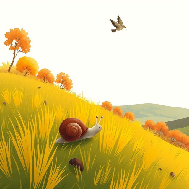 On a picturesque autumn hillside, a small snail with a brown shell is crawling along the vibrant yellow grass