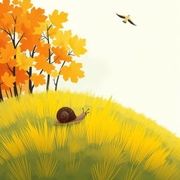 On a picturesque autumn hillside, a small snail with a brown shell is crawling along the vibrant yellow grass