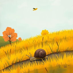 On a picturesque autumn hillside, a small snail with a brown shell is crawling along the vibrant yellow grass