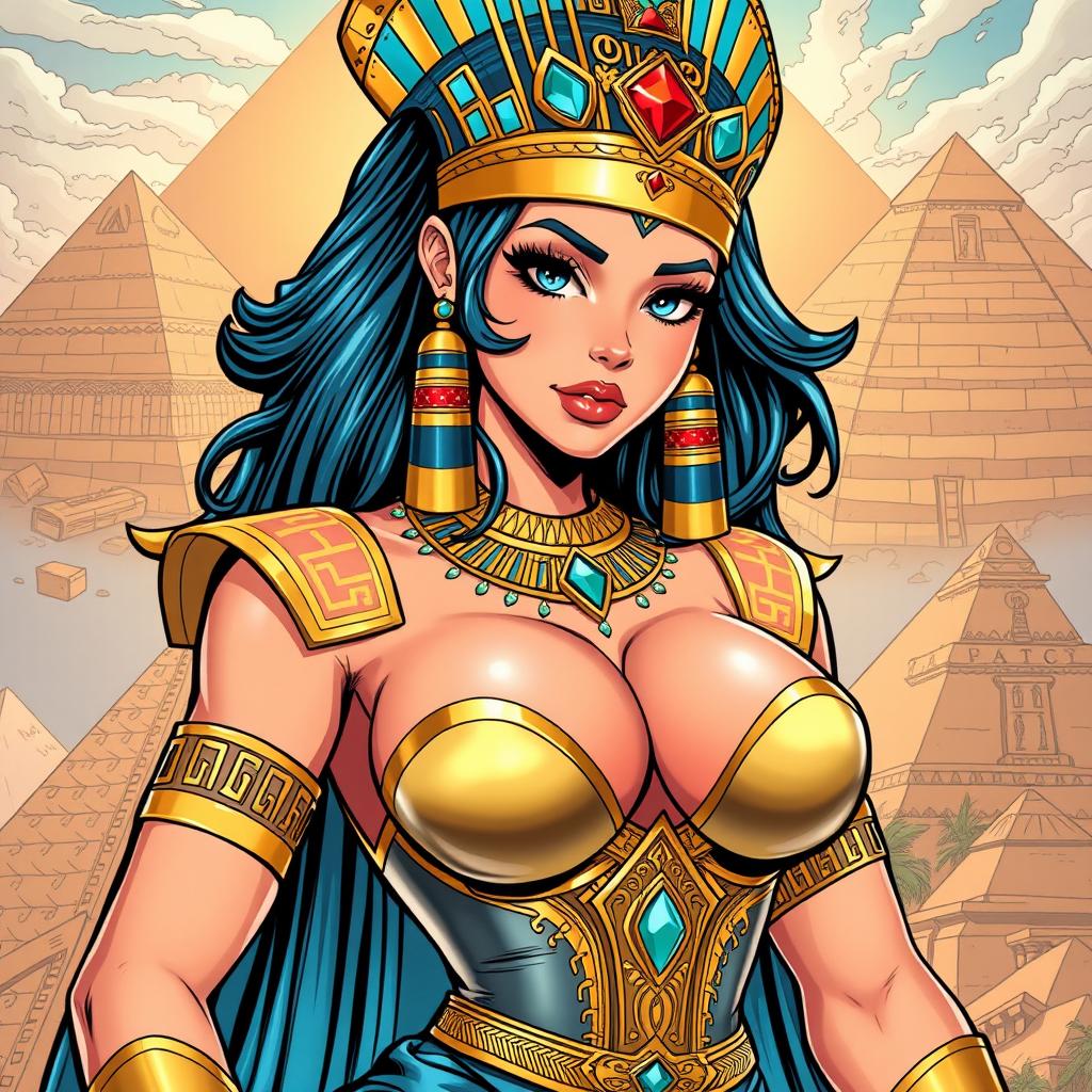 A stunning Egyptian queen character illustrated in an American comic style, featuring a single girl with notable big breasts, rated at an intensity of 0