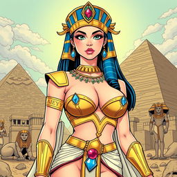 A stunning Egyptian queen character illustrated in an American comic style, featuring a single girl with notable big breasts, rated at an intensity of 0