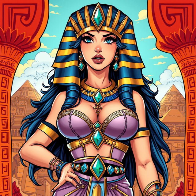 A stunning Egyptian queen character illustrated in an American comic style, featuring a single girl with notable big breasts, rated at an intensity of 0