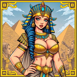A stunning Egyptian queen character illustrated in an American comic style, featuring a single girl with notable big breasts, rated at an intensity of 0