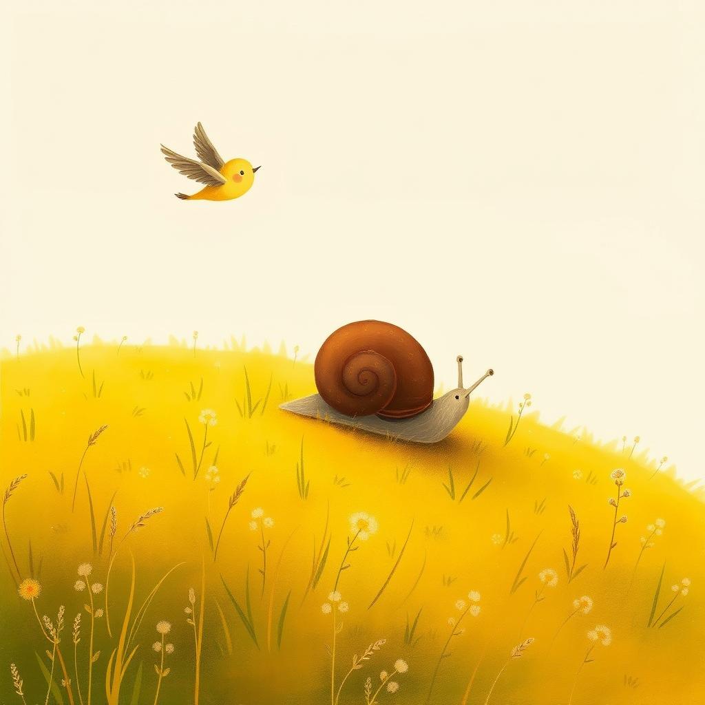 On a lovely autumn hillside, a small snail with a brown shell is making its way across the vibrant yellow grass