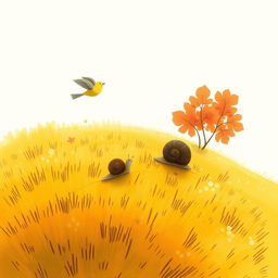 On a lovely autumn hillside, a small snail with a brown shell is making its way across the vibrant yellow grass