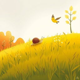 On a lovely autumn hillside, a small snail with a brown shell is making its way across the vibrant yellow grass
