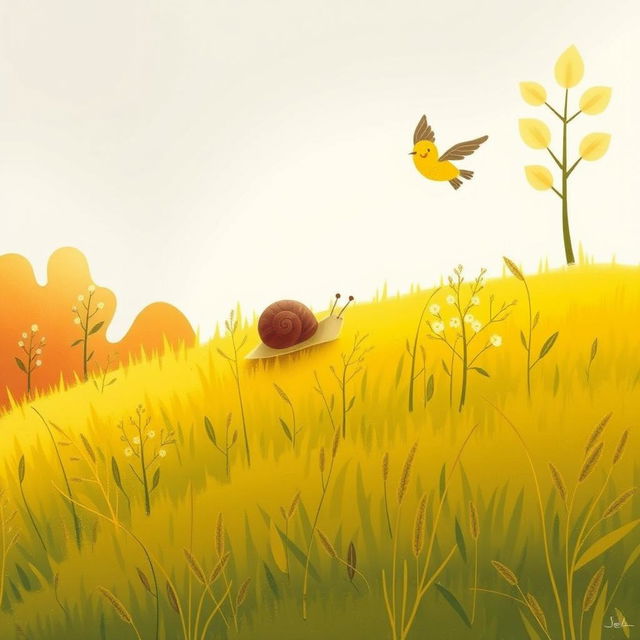 On a lovely autumn hillside, a small snail with a brown shell is making its way across the vibrant yellow grass