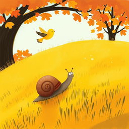 On a lovely autumn hillside, a small snail with a brown shell is making its way across the vibrant yellow grass
