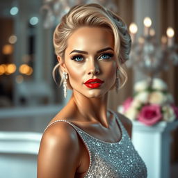 A stunning woman with luxurious blonde hair styled elegantly, showcasing glamorous makeup with bold red lips and shimmering eye shadow