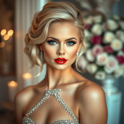 A stunning woman with luxurious blonde hair styled elegantly, showcasing glamorous makeup with bold red lips and shimmering eye shadow