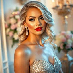 A stunning woman with luxurious blonde hair styled elegantly, showcasing glamorous makeup with bold red lips and shimmering eye shadow