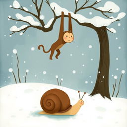 In a snowy winter landscape, a small snail with a brown shell is nestled under a tree, seemingly unfazed by the cold