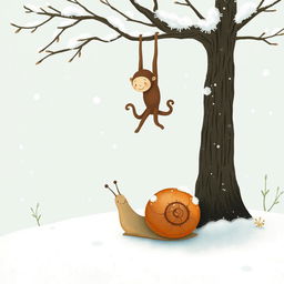 In a snowy winter landscape, a small snail with a brown shell is nestled under a tree, seemingly unfazed by the cold