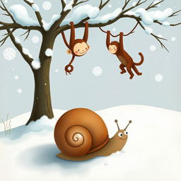 In a snowy winter landscape, a small snail with a brown shell is nestled under a tree, seemingly unfazed by the cold
