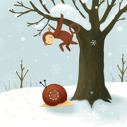 In a snowy winter landscape, a small snail with a brown shell is nestled under a tree, seemingly unfazed by the cold
