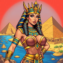 An Egyptian queen character depicted in an American comic style, featuring a single girl with big breasts that enhance her regal presence