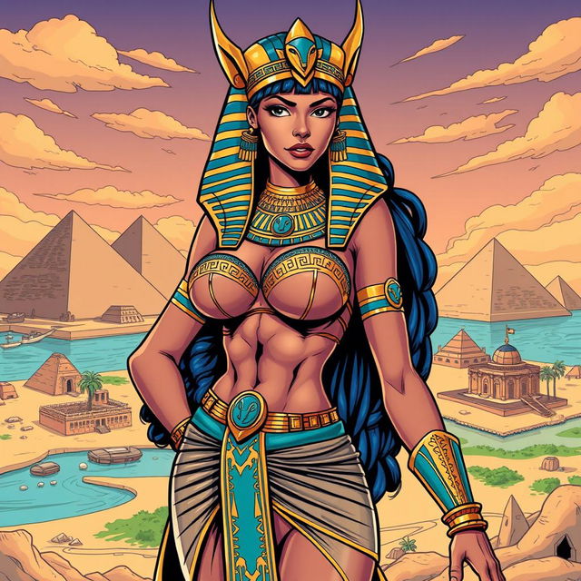 An Egyptian queen character depicted in an American comic style, featuring a single girl with big breasts that enhance her regal presence