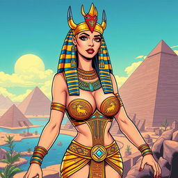 An Egyptian queen character depicted in an American comic style, featuring a single girl with big breasts that enhance her regal presence