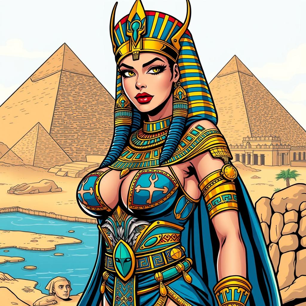 An Egyptian queen character depicted in an American comic style, featuring a single girl with big breasts that enhance her regal presence