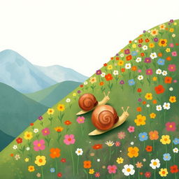 In a vibrant spring landscape, a small snail with a brown shell is slowly climbing up a mountainside adorned with a multitude of blooming flowers in various colors