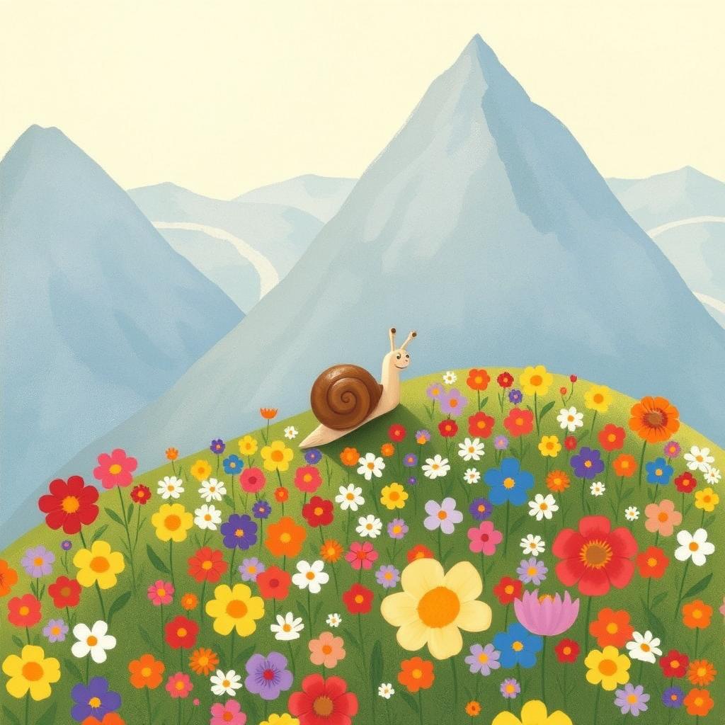 In a vibrant spring landscape, a small snail with a brown shell is slowly climbing up a mountainside adorned with a multitude of blooming flowers in various colors