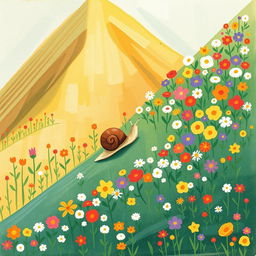 In a vibrant spring landscape, a small snail with a brown shell is slowly climbing up a mountainside adorned with a multitude of blooming flowers in various colors