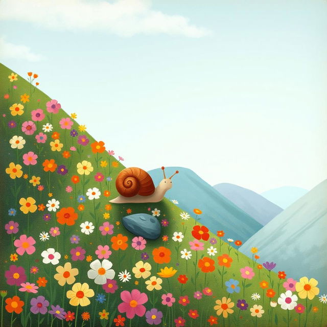 In a vibrant spring landscape, a small snail with a brown shell is slowly climbing up a mountainside adorned with a multitude of blooming flowers in various colors