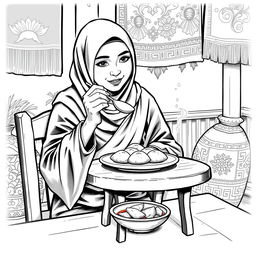 A vintage black and white illustration depicting an Indonesian Muslim woman enjoying a plate of Pempek Palembang