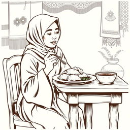 A vintage black and white illustration depicting an Indonesian Muslim woman enjoying a plate of Pempek Palembang