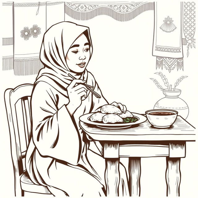 A vintage black and white illustration depicting an Indonesian Muslim woman enjoying a plate of Pempek Palembang