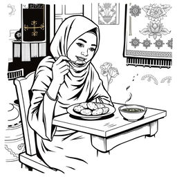 A vintage black and white illustration depicting an Indonesian Muslim woman enjoying a plate of Pempek Palembang