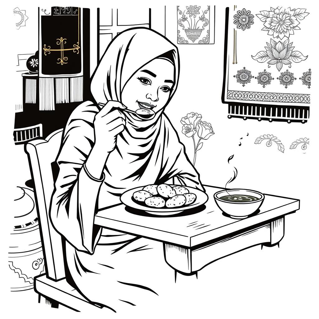 A vintage black and white illustration depicting an Indonesian Muslim woman enjoying a plate of Pempek Palembang
