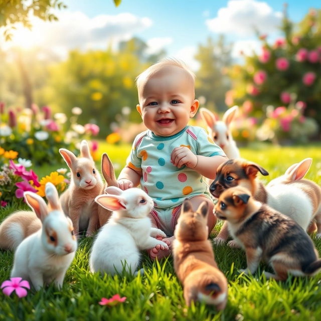 A playful scene featuring a baby, joyfully interacting with various cute animals in a sunny garden