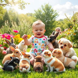 A playful scene featuring a baby, joyfully interacting with various cute animals in a sunny garden