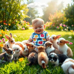 A playful scene featuring a baby, joyfully interacting with various cute animals in a sunny garden