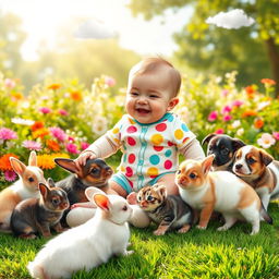 A playful scene featuring a baby, joyfully interacting with various cute animals in a sunny garden