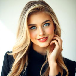 A stunning young woman with long, flowing blonde hair styled elegantly, wearing glamorous and sophisticated makeup that highlights her features beautifully