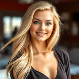 A stunning young woman with long, flowing blonde hair styled elegantly, wearing glamorous and sophisticated makeup that highlights her features beautifully