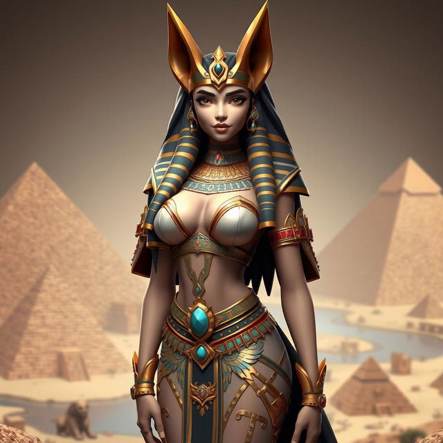 A striking 3D depiction of an Egyptian queen character featuring a single girl with big breasts and unique jackal ears, symbolizing her connection to ancient mythology