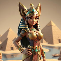 A striking 3D depiction of an Egyptian queen character featuring a single girl with big breasts and unique jackal ears, symbolizing her connection to ancient mythology